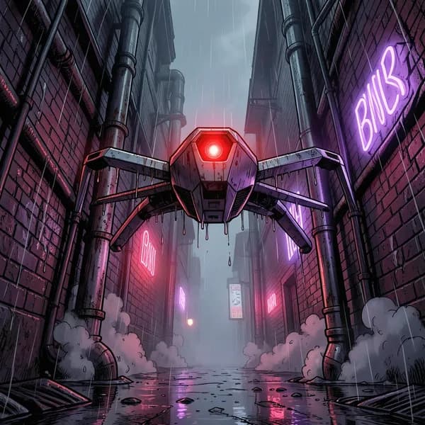 A menacing security drone hovering in a dark alleyway with a glowing red ocular sensor.