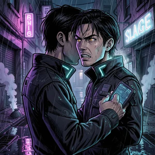 A male courier with synthetic skin and glowing tech-wear looking over his shoulder in a rainy alley.