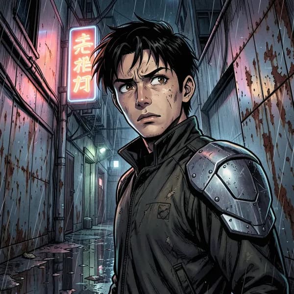 A weary man with exposed cybernetic shoulder plating stands in a dark, rain-slicked alleyway.