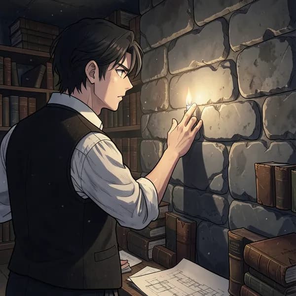 A young man in 1920s attire inspects a stone wall in a dark basement.
