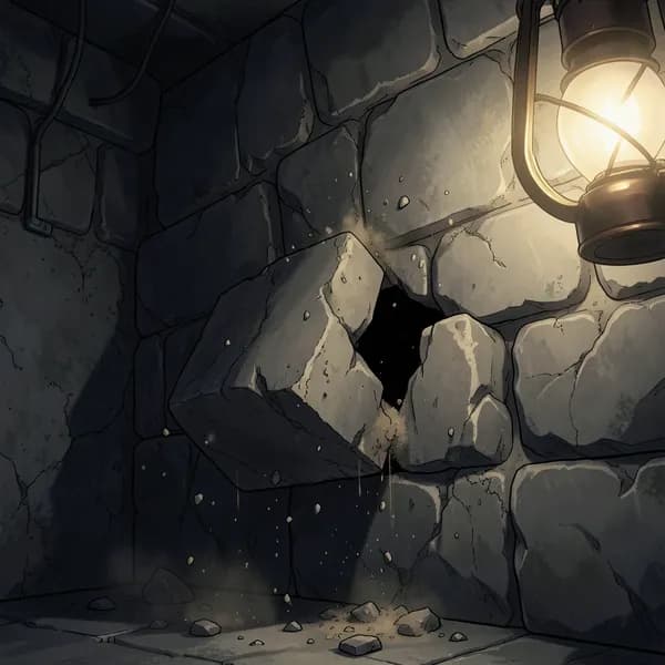 A close-up of a shifting stone wall in a dark, damp basement.