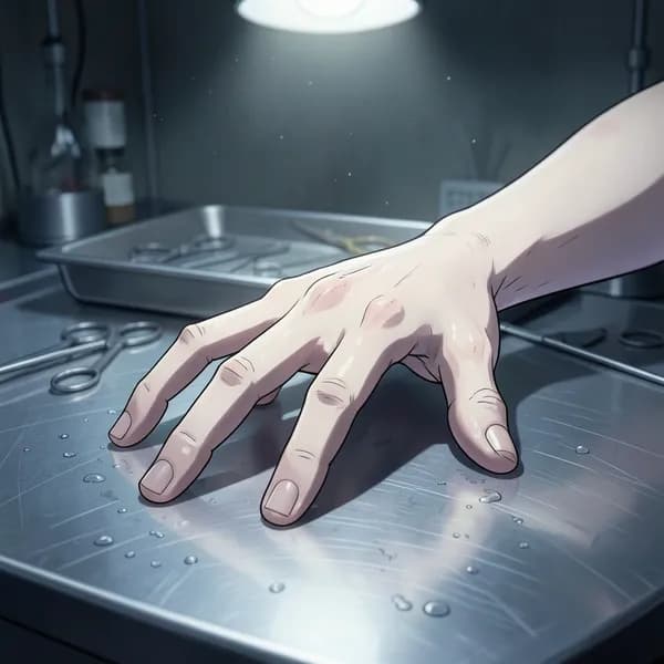 A pale, elongated hand with splayed fingers rests on a cold steel surgical table in a dim laboratory.