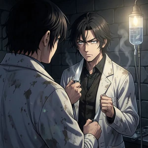 A young man in a stained lab coat holds a scalpel with a trembling hand, looking conflicted.