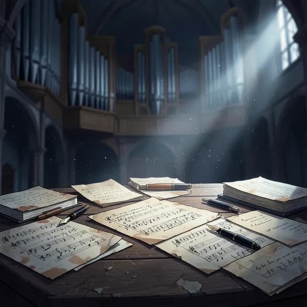 A cluttered wooden desk in a dark organ loft, covered in ink-stained musical manuscripts and scattered parchment under moonlight.