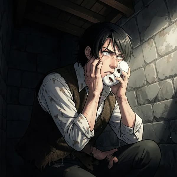 A gaunt, disheveled scholar hiding in the shadows, holding a porcelain mask against his face while a lantern light cuts through the dark.