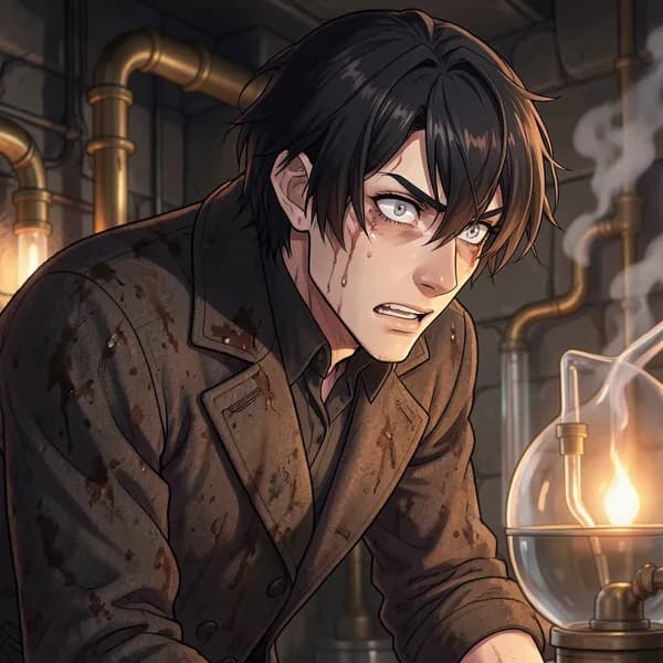 A gaunt, feverish man with sunken eyes stares intently at an off-screen glass apparatus in a dark laboratory.
