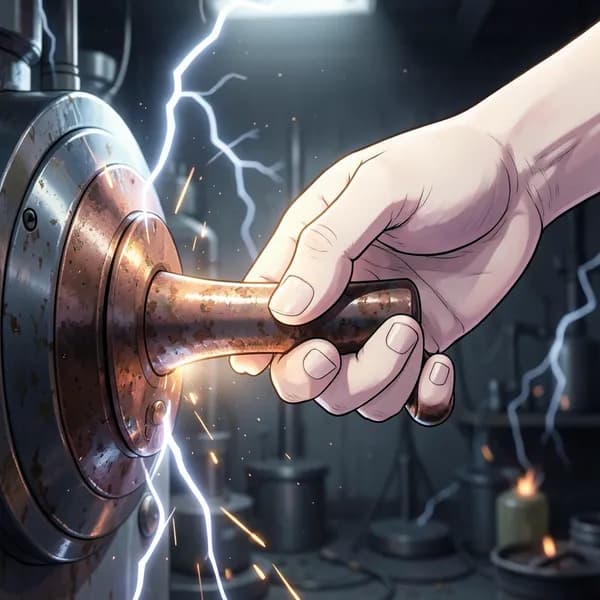 A close-up of a trembling hand gripping a heavy, oxidized copper lever in a dark, electrified room.