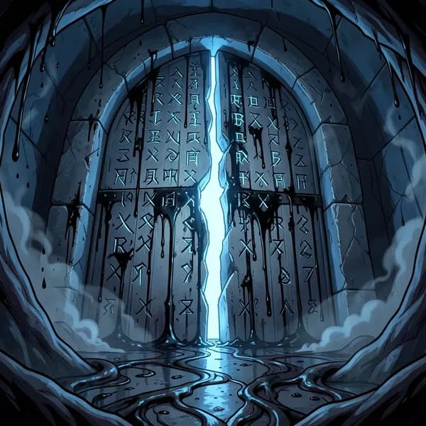 A massive stone vault door with runes bleeding black ink, as a pale, clawed hand forces its way through a crack.