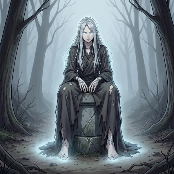 A mysterious female figure with three faces sits upon a stone marker at a desolate forest crossroads.