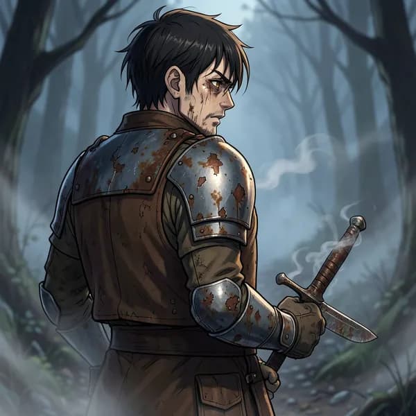 A weary mercenary grips a rusted dagger, his hand trembling slightly in the cold air.