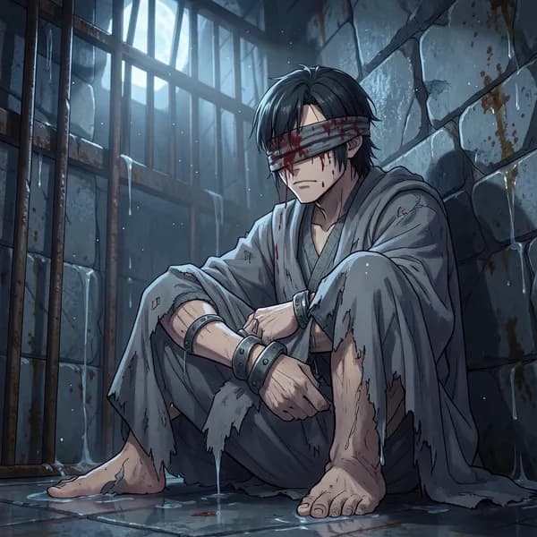 A gaunt, blindfolded man in tattered inquisitor robes sits huddled in a dark, damp iron cell.
