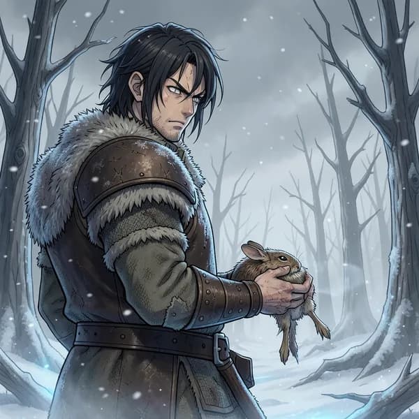 A grim, fur-clad hunter stands in a frozen forest holding a dead hare, his expression hardened by years of occult struggle.