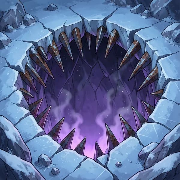A deep, jagged fissure in the frozen earth revealing metallic, razor-sharp teeth-like structures glowing with an unnatural light.