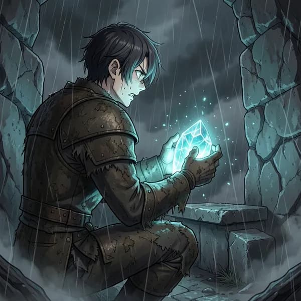 A scarred soldier crouches behind a stone altar, holding a glowing relic in the freezing rain.