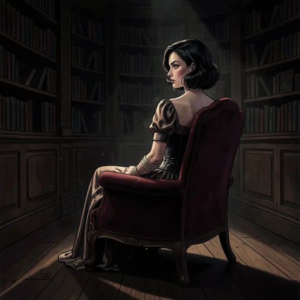 A woman in a 1920s dress bound to a velvet chair in a dark library.
