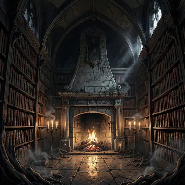 A dark, atmospheric gothic library with towering bookshelves and a fireplace, filled with deep shadows and dust motes.