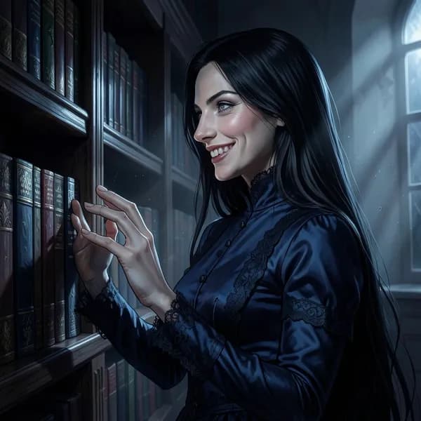 A pale, elegant woman with raven hair and a predatory smile, standing in the shadows of a library.