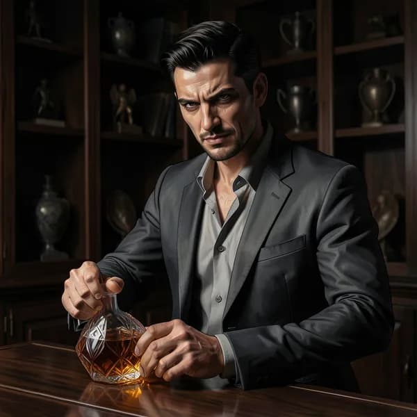 A man in a sharp suit leans against a desk, holding a crystal decanter, looking predatory.