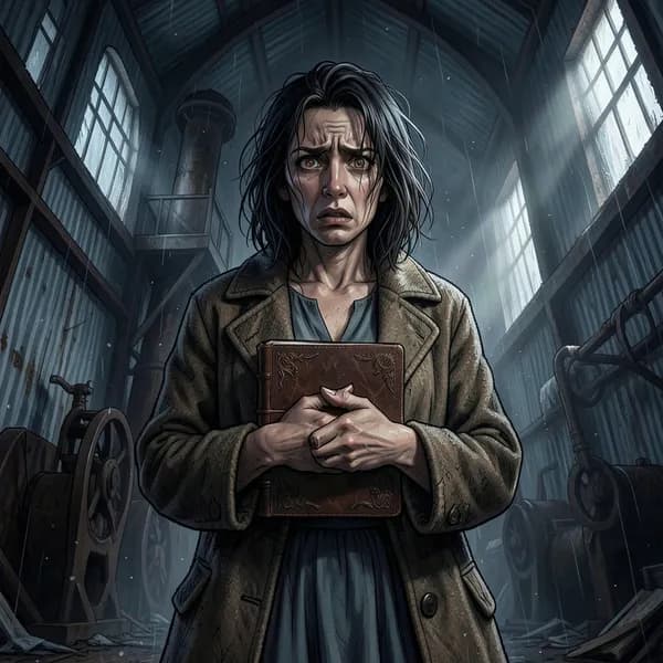 A terrified woman clutching a leather ledger in a dark, abandoned industrial mill.