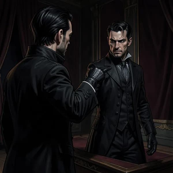 A man in a dark Victorian suit reaches out with a gloved hand, his expression cold and predatory.
