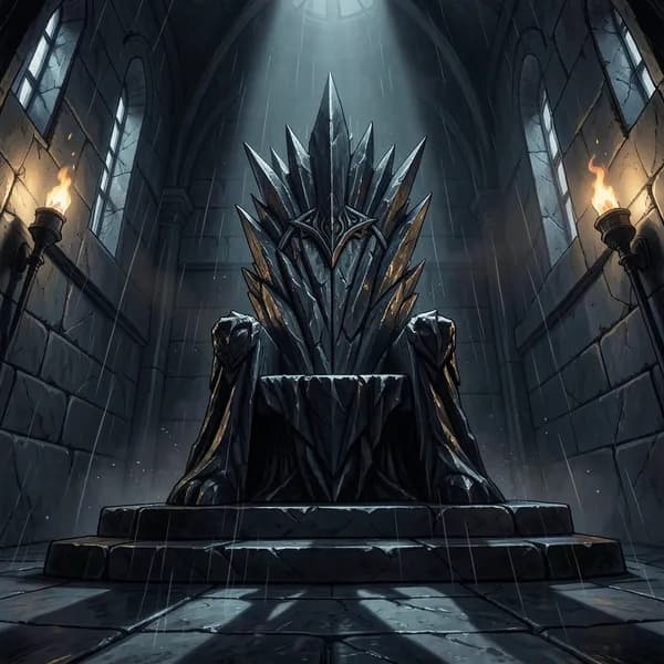 A massive, ornate obsidian throne sits empty in a dark, cold, and cavernous stone hall.