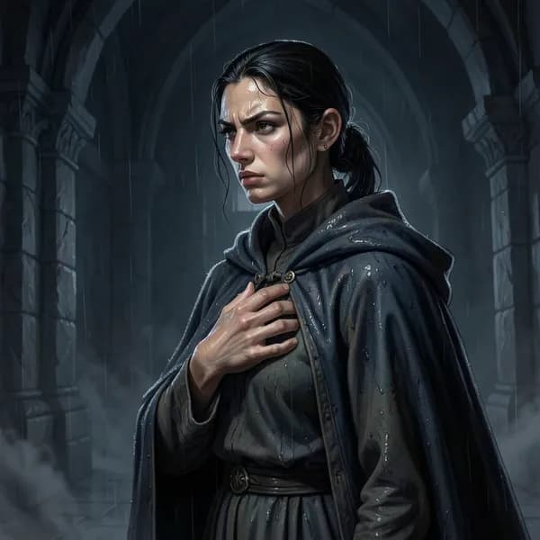 A woman stands in a dark hall, her hand clutching her chest as if hiding a secret.