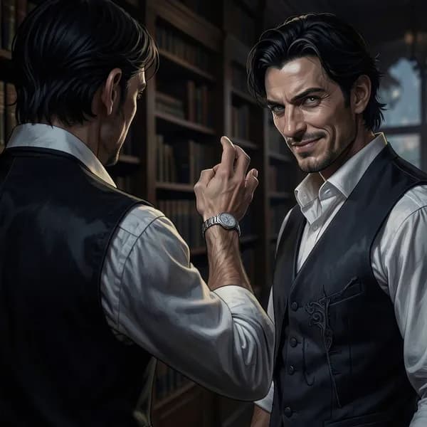 A man in a dark Victorian waistcoat reaching out with a possessive gesture in a dim library.