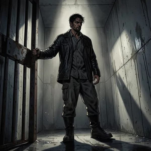 A tall, imposing man in a dark jacket stands in a doorway, silhouetted against a blinding light.