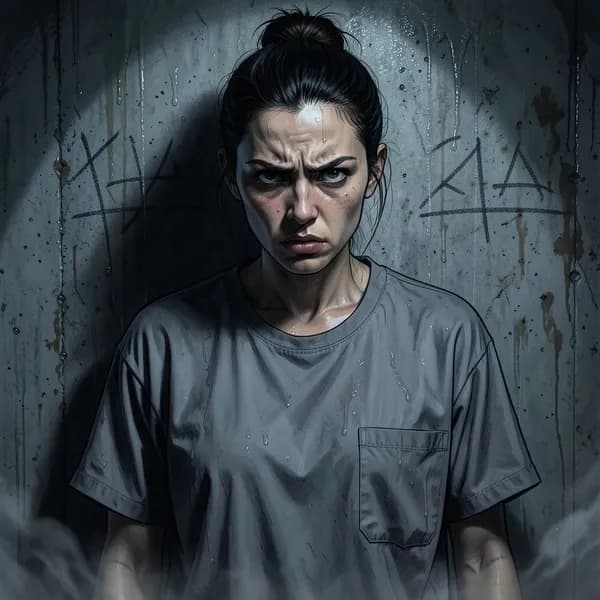 A woman with a sharp, calculating expression pressed against a cold concrete wall.