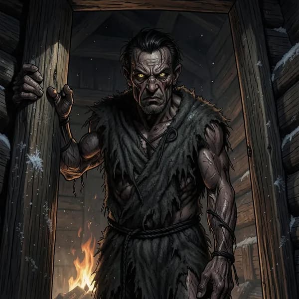 A hulking, stitched man standing in a dark doorway, his yellow eyes glowing in the flickering firelight.