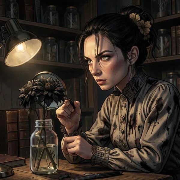 A woman in a Victorian blouse examining a withered flower with a magnifying glass.