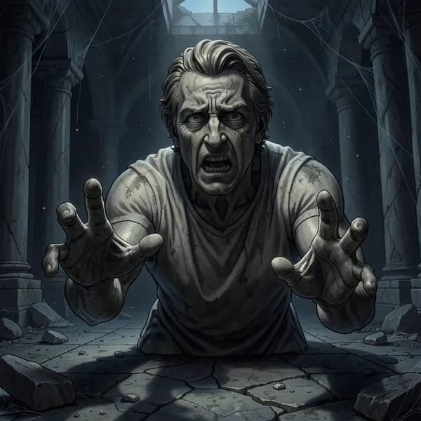 A weathered stone statue of a man frozen in a silent scream, standing amidst the dust of a ruined temple.