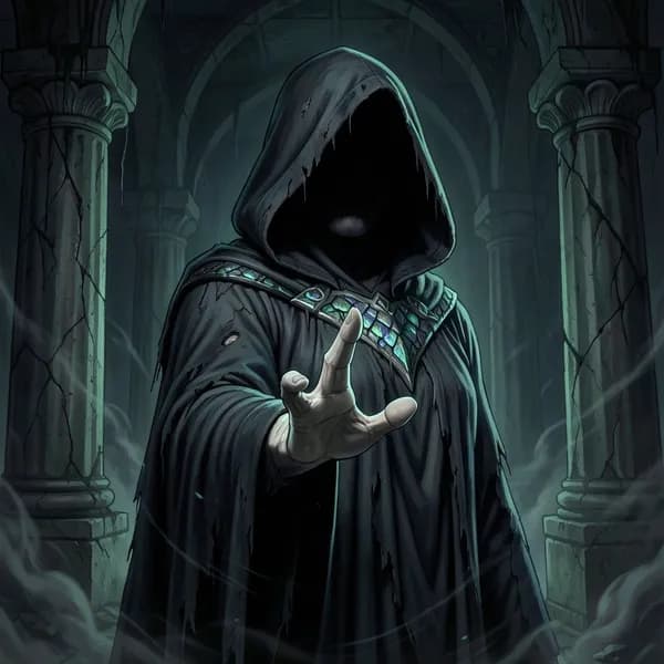 A mysterious, hooded figure reaching out with a pale, elegant hand from the shadows of a colonnade.