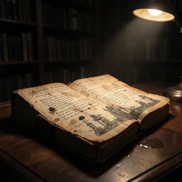 An ancient, ink-stained ledger open on a mahogany desk, surrounded by deep shadows in a library.