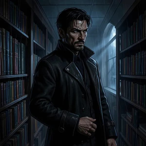 A brooding man in a dark wool coat stands in a shadowy library aisle, looking conflicted.