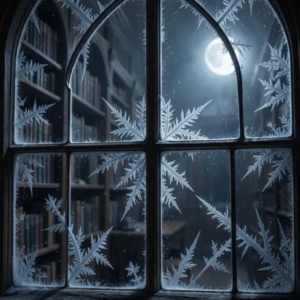 Intricate frost patterns blooming like silver veins on a leaded-glass windowpane in a dark, abandoned library.