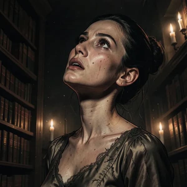A woman in a 1920s silk dress with her head tilted back in terror and defiance, illuminated by flickering candlelight.