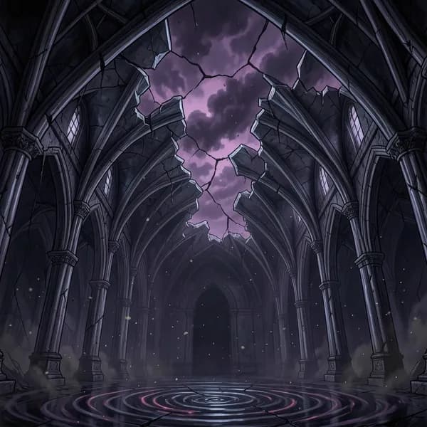 The ceiling of a dark, bone-constructed palace fracturing to reveal a bruised purple sky with swirling ash.
