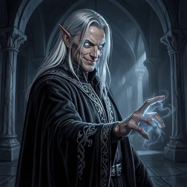 A tall, ethereal male fae with silver hair and piercing pale eyes, wearing dark velvet robes, reaching out with a predatory expression.
