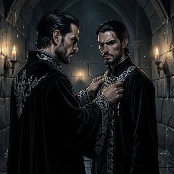 A tall, imposing priest in black velvet robes with silver embroidery, his expression cold and predatory as he reaches forward in a dark cathedral.