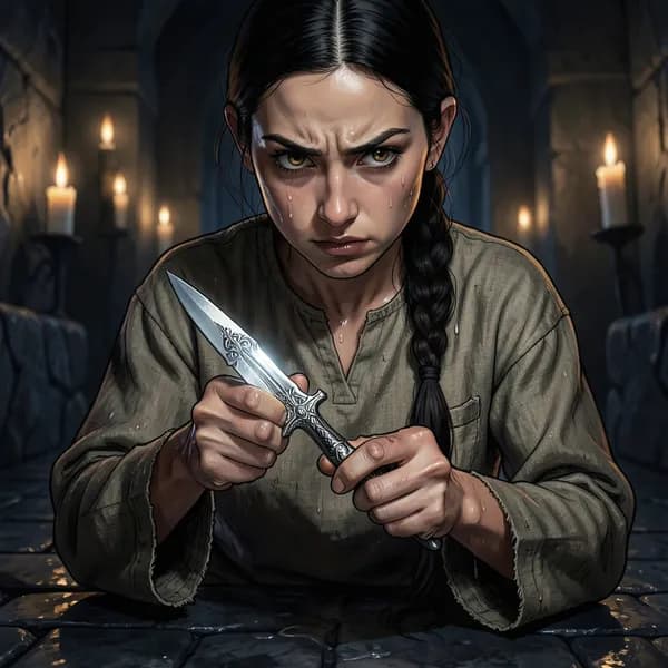 A young woman with a simple tunic holding an ornate silver blade, staring at it with a mix of defiance and curiosity.