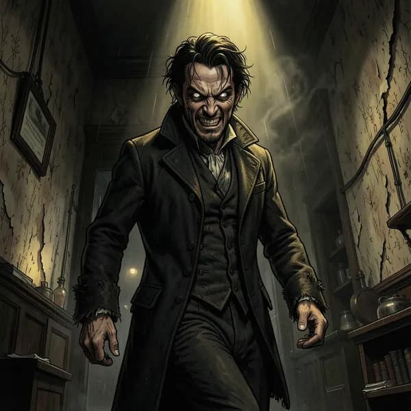 A menacing man with disheveled clothing stepping out of the shadows in a dark room.