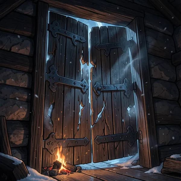 A heavy, iron-hinged oak door of a rustic cabin, wood splintering and bowing inward under immense, unseen pressure.