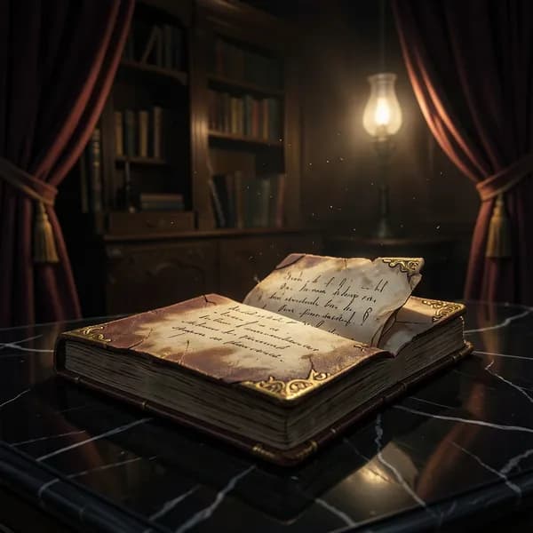 A leather-bound ledger resting on a marble desk, partially open to reveal handwritten ink notes, illuminated by a single flickering gaslight.