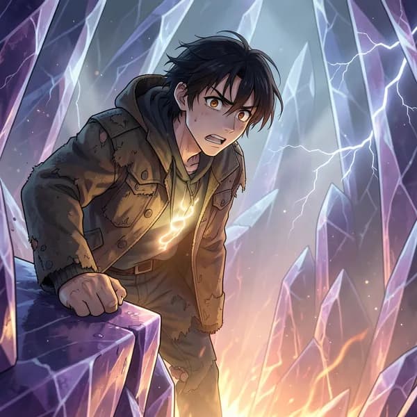 A lone scavenger clinging to a slick, violet quartz ledge above a glowing abyss.