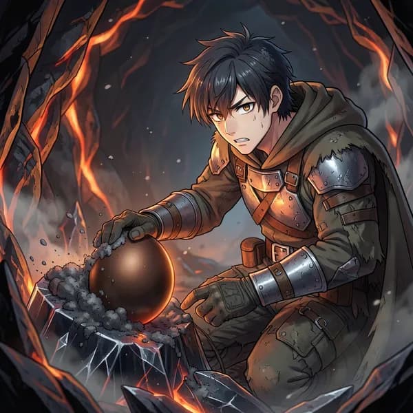 A scavenger kneels in a volcanic vent, brushing soot off a glowing, obsidian-like egg.