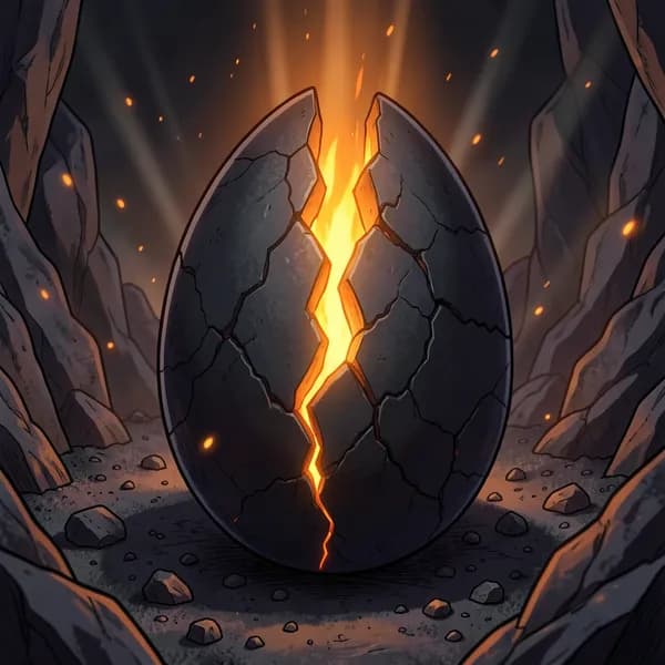 A close-up of a large, obsidian-textured dragon egg with a jagged, vertical crack emitting intense, molten orange light.