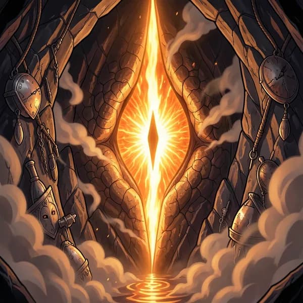 A giant, vertical amber dragon eye peering through sulfurous smoke in a dark cavern.