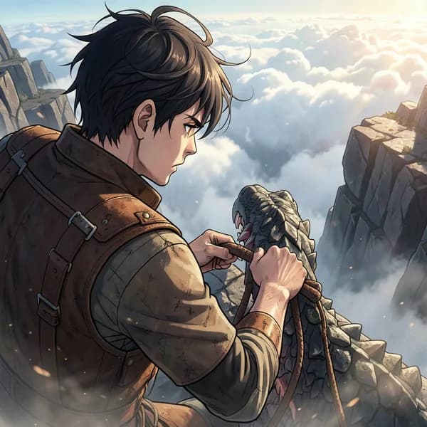 A rider grips leather reins on a dragon's neck, looking down at a dizzying mile-deep abyss from a jagged obsidian cliff.