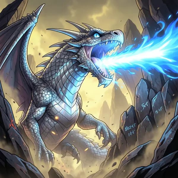 A massive silver dragon exhales a focused jet of brilliant blue flame against a dark, volcanic arena wall.